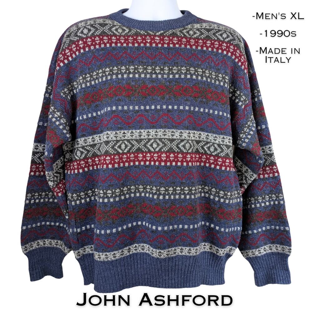 90s John Ashford VTG Fair Isle Sweater XL Multicolor Geometric Made In Italy